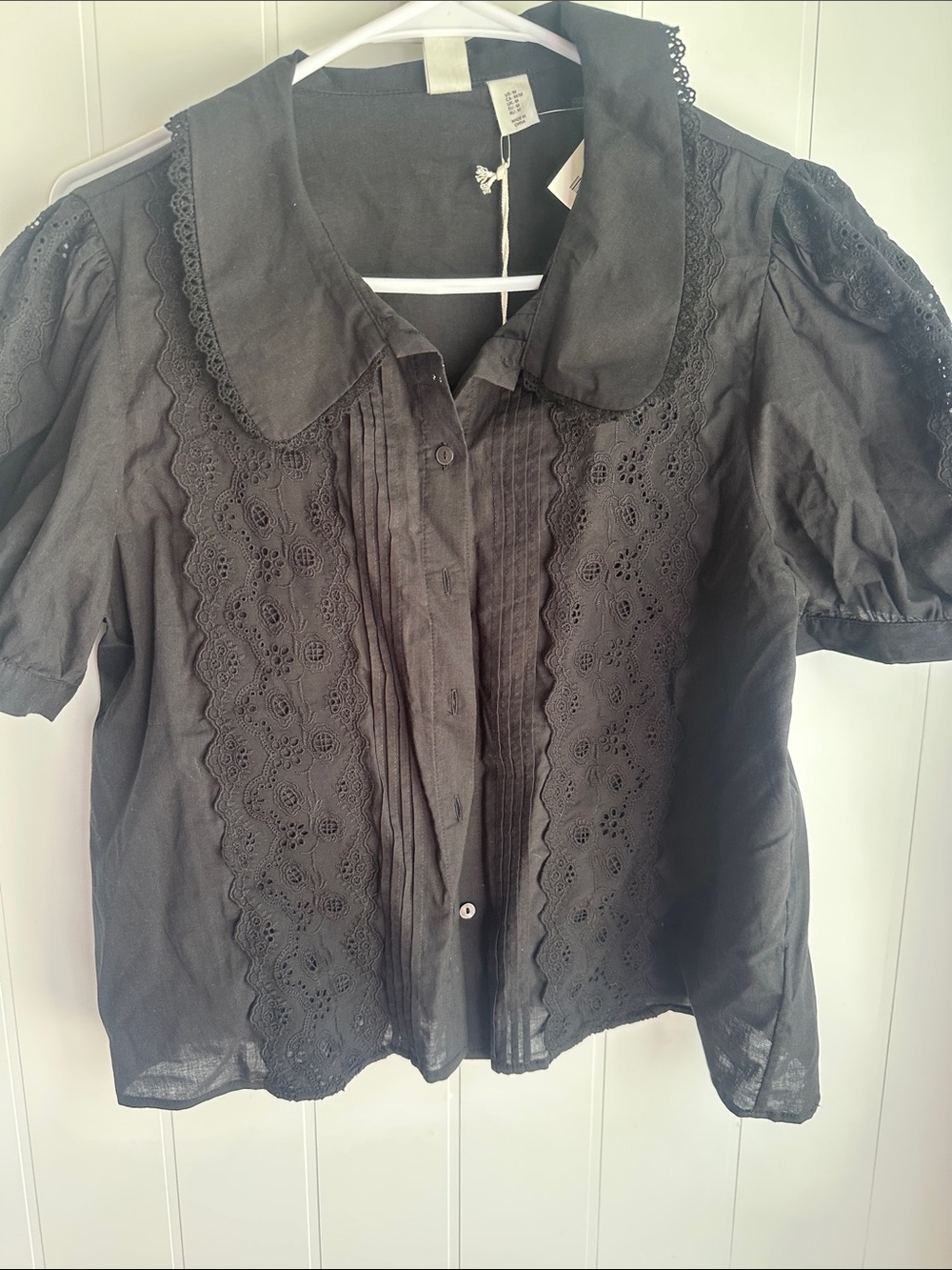 Black Eyelet Lace Short-Sleeve Blouse